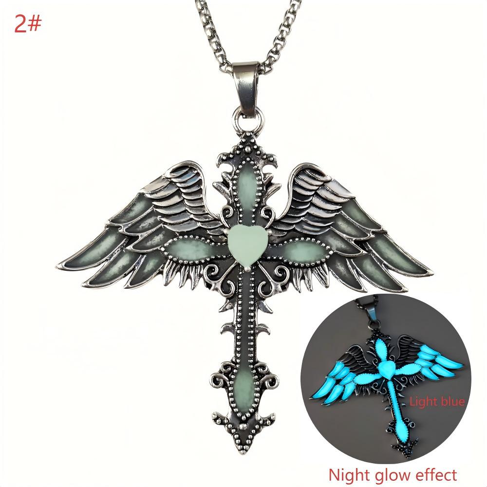 QIMENGLAI Winged Cross Luminous Pendant Necklace, Unique Versatile Eco-Plated Anti-Allergy Titanium Steel Chain, Glow-in-Dark Casual Wear Adjustable Gold Vacuum Birthstone Jewelry for Men Women