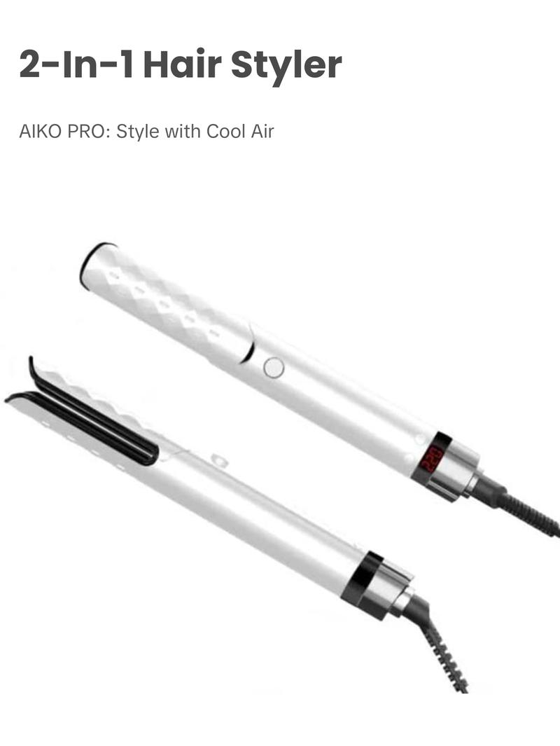 AIKO PRO 2 in 1 Ceramic Cool Airflow Hair Styler Portable Hair Straightener and Curler, 3D Floating Plate Flat Iron, Cool Air Styler, Travel-Friendly Dual Voltage White