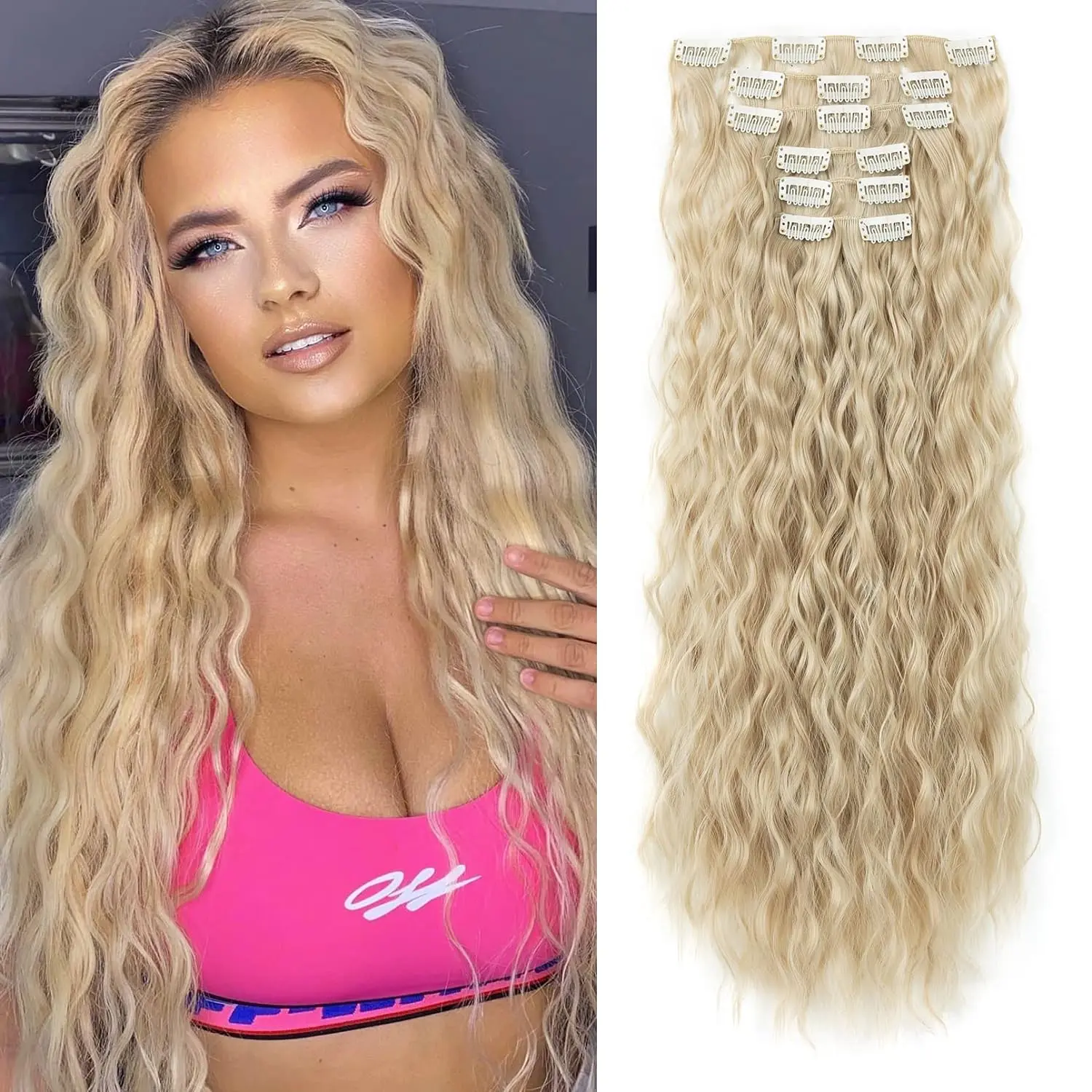 Ash Blonde Wavy Clip Hair Extensions, 24 Inch 6-Piece Heat-Resistant Synthetic Set for a Natural Blonde Hair Transformation, Secure for Casual Wear, Thanksgiving, or to Run & Jump, Synthetic Curly Wavy, Women's Fashion