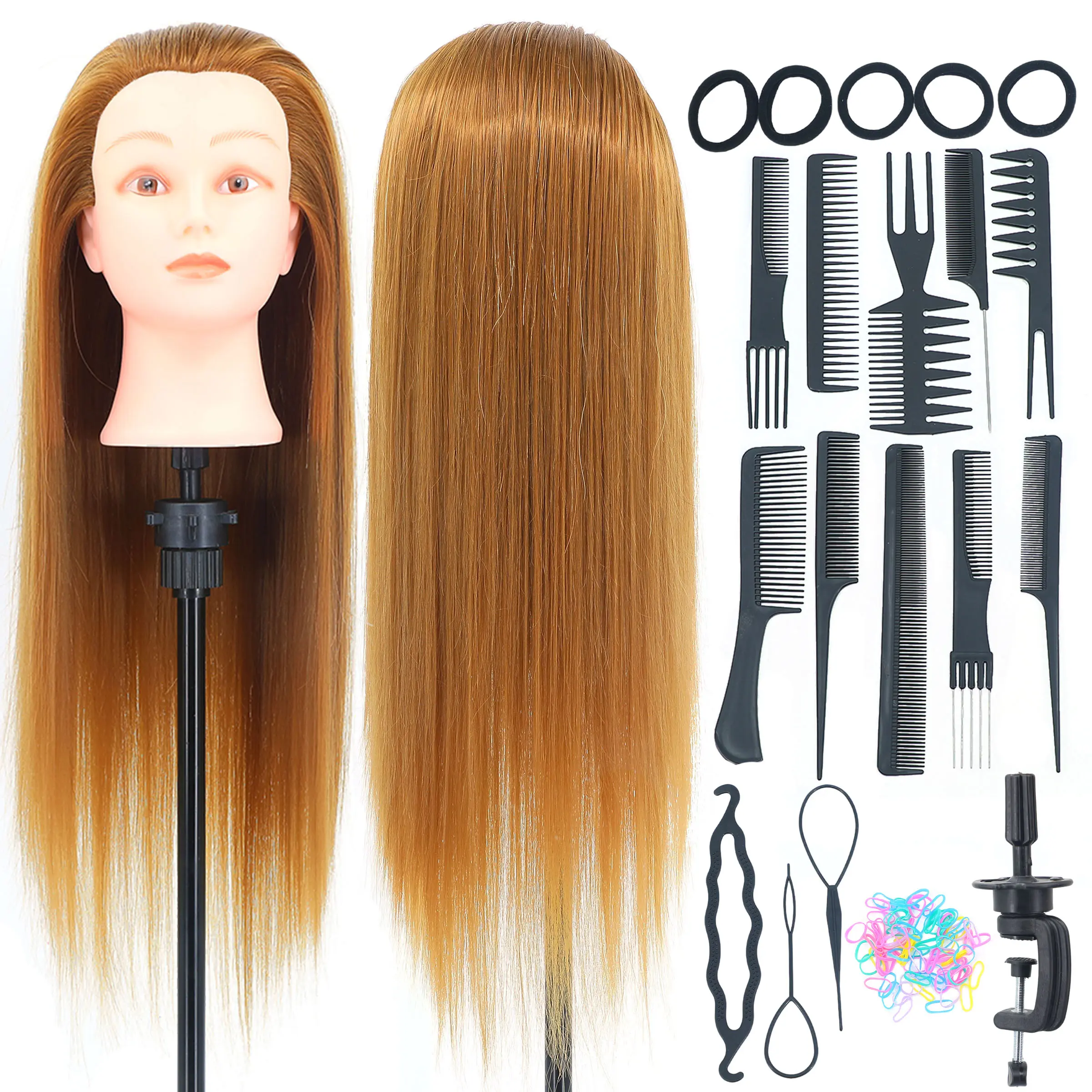 Synthetic Hair Mannequin Head with Long Hair for Hairdresser Training, Cosmetology Doll Head with DIY Braiding Set & Free Table Clamp, Practice Mannequin Head