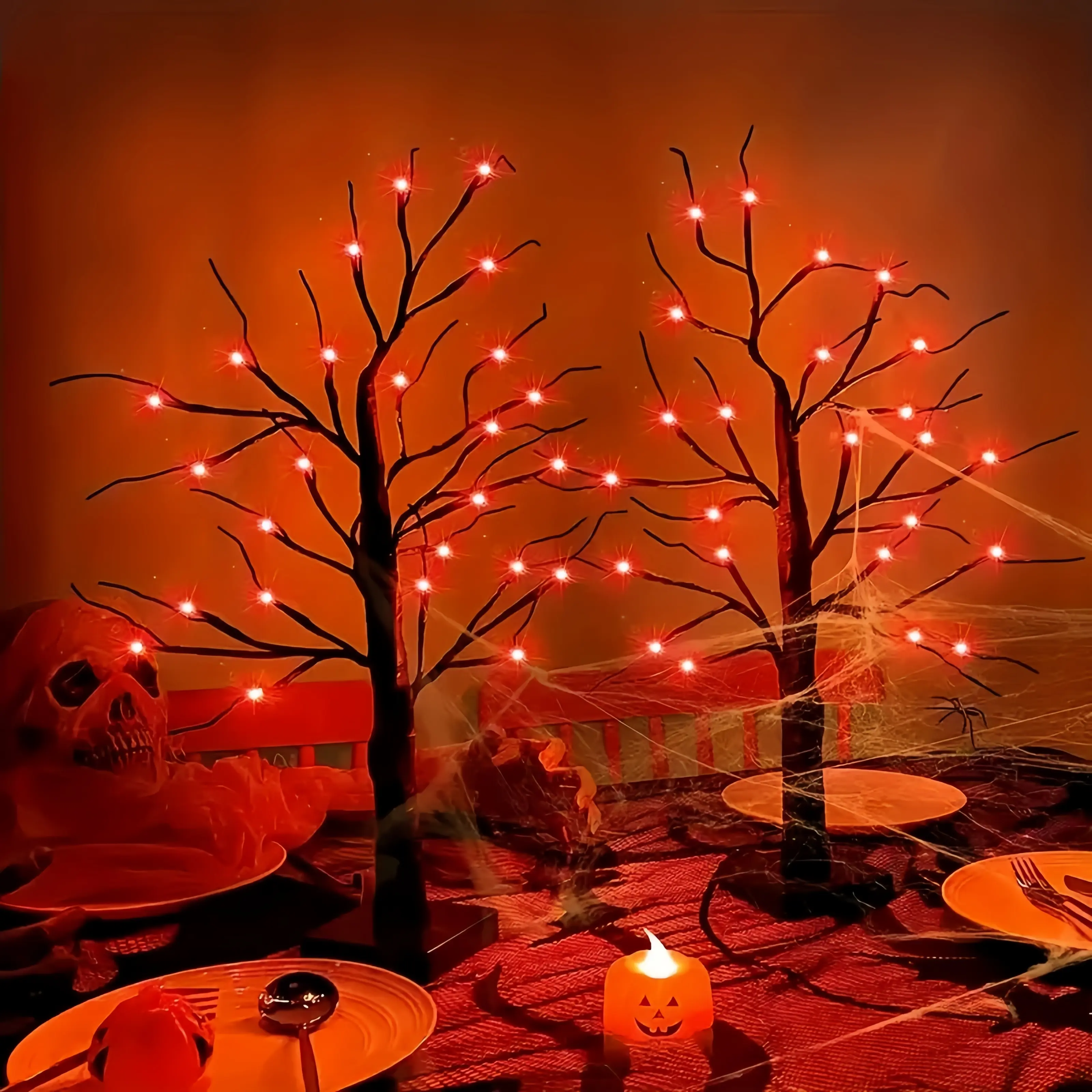 2-Piece Set, Halloween Tree Lights, 24-inch, Orange and Purple Glow, 24 LEDs, USB + Battery Powered, Halloween Decor, Suitable for Indoor Home Haunted Rooms, Fireplaces, Entryways, TV Console Decor, Room Decor, House Decor
