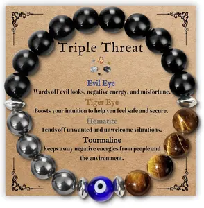 Triple Protection Bracelet for Men, Mens Beaded Bracelets as Evil Eye Jewelry Fathers Day Gifts for Men Black Tourmaline Bracelet as Birthday Gifts Hematite Bracelets for Brother Boyfriend perfect family