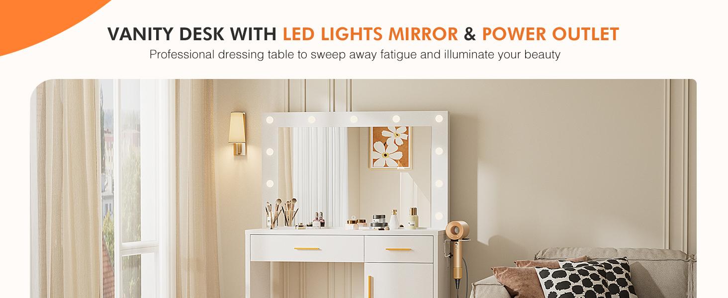 Vanity Desk with Mirror, Makeup Vanity Table with Charging Station (2AC/USB/C), Dressing Table with 2 Drawers & Large Cabinet