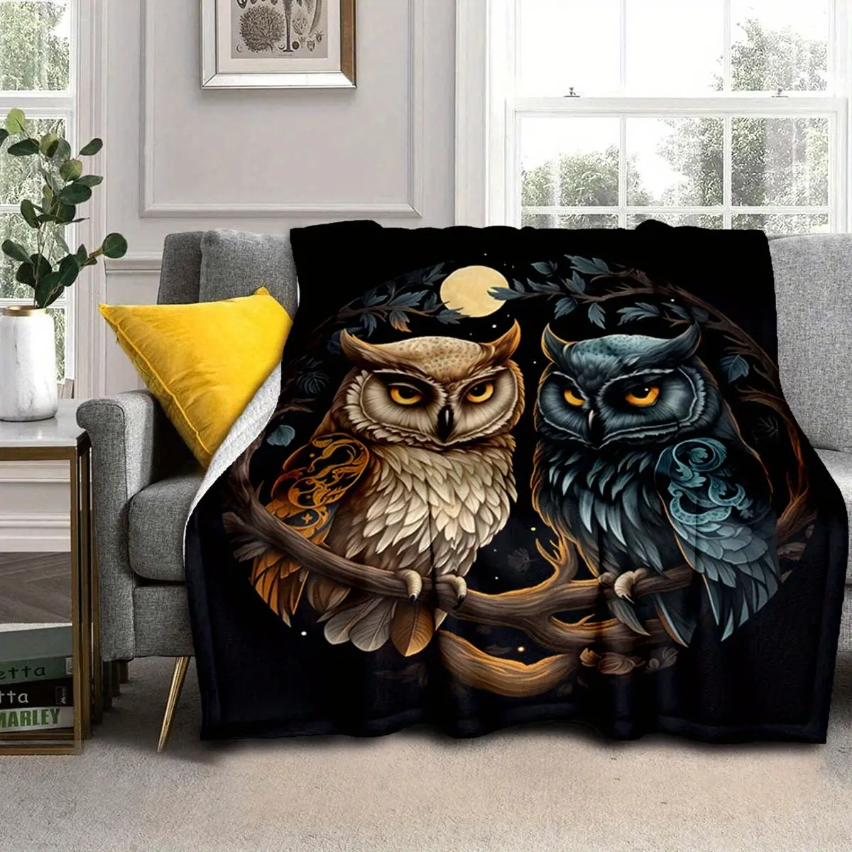 Cozy Owl Moon Pattern Flannel Throw Blanket - Soft, Warm, Plush - Ideal for Naps, Sofa, Camping - Versatile Car, Holiday Gift, Owl Decor for Bedding, Office, Travel