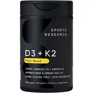 Sports Research Vitamin D3 + K2 with 5000iu of Plant-Based D3 - 100mcg of Vitamin K2 as MK-7 - Non-GMO Verified & Vegan Certified - 120 Veggie Softgels