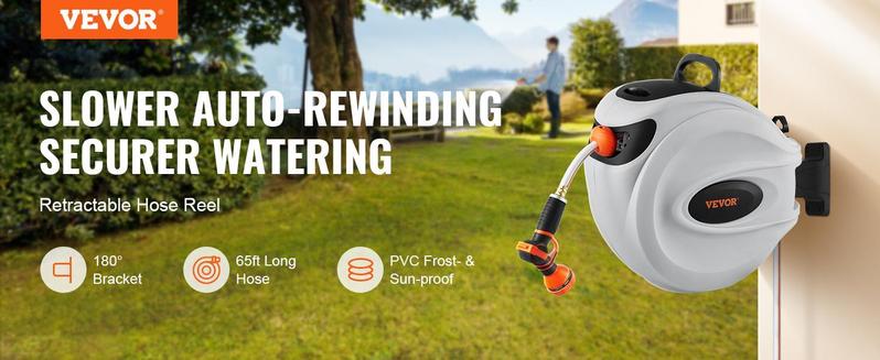 VEVOR Retractable Hose Reel, Max 130'x1/2" Garden Water Hose Reel with 9-Pattern Nozzle, 180° Swivel Bracket Wall-Mounted, Automatic Rewind, Lock at Any Length, with Slow Return System