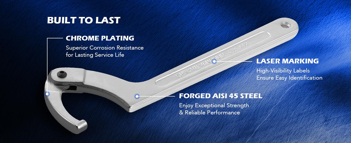 Orion Motor Tech 8pc Adjustable Pin Spanner Wrench Tool Set, Spanner Nut Wrench Tools with Changeable Heads for Pipes Heating Cars, Coilover Hook Wrenches for Suspension System, 3/4" to 6-1/10"