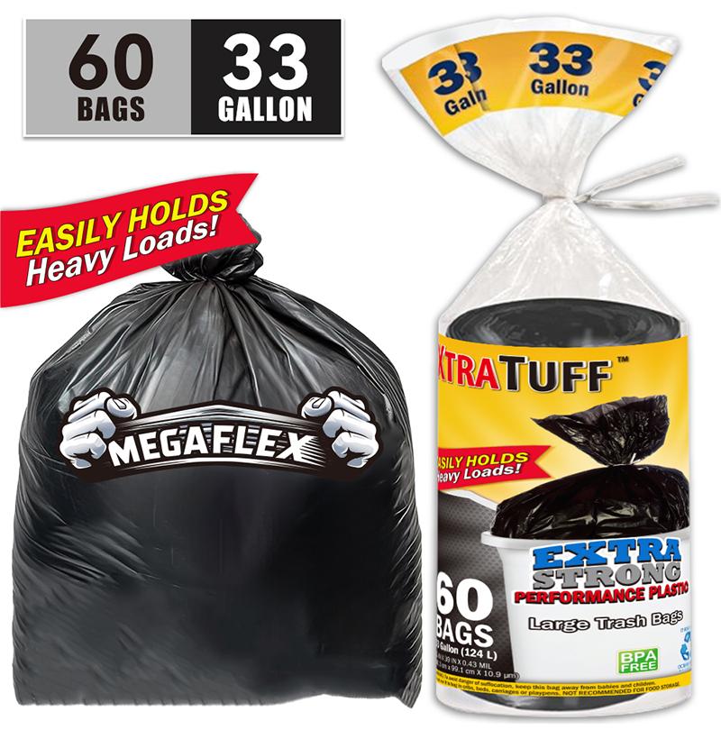 MegaFlex 60 Bags 33 Gallon Disposable Large Garbage Puncture Tear Resistant Trash Bags Durable Leak Proof Easy To Use For Industrial Garden Home And Commercial Use