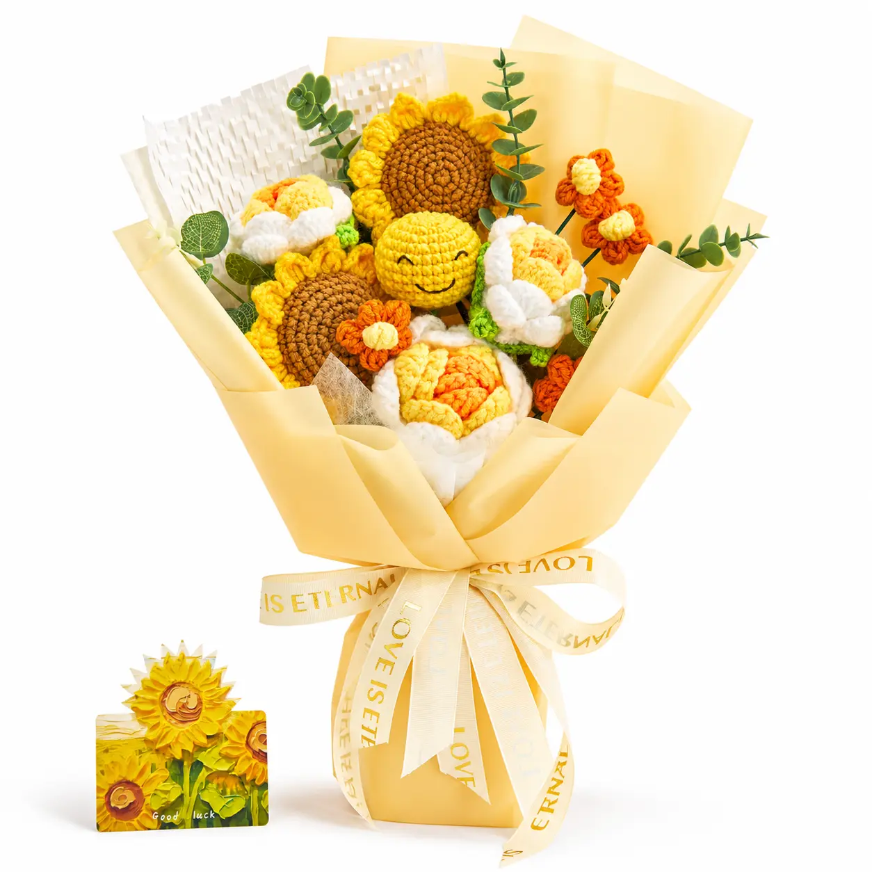 YShomy Handmade Crochet Emoji Flowers Bouquet - Artificial Sunflowers, Roses Bouquet with Greeting Card - Yellow Summer Home Decor Gift for Girlfriend - US Fast Shipping