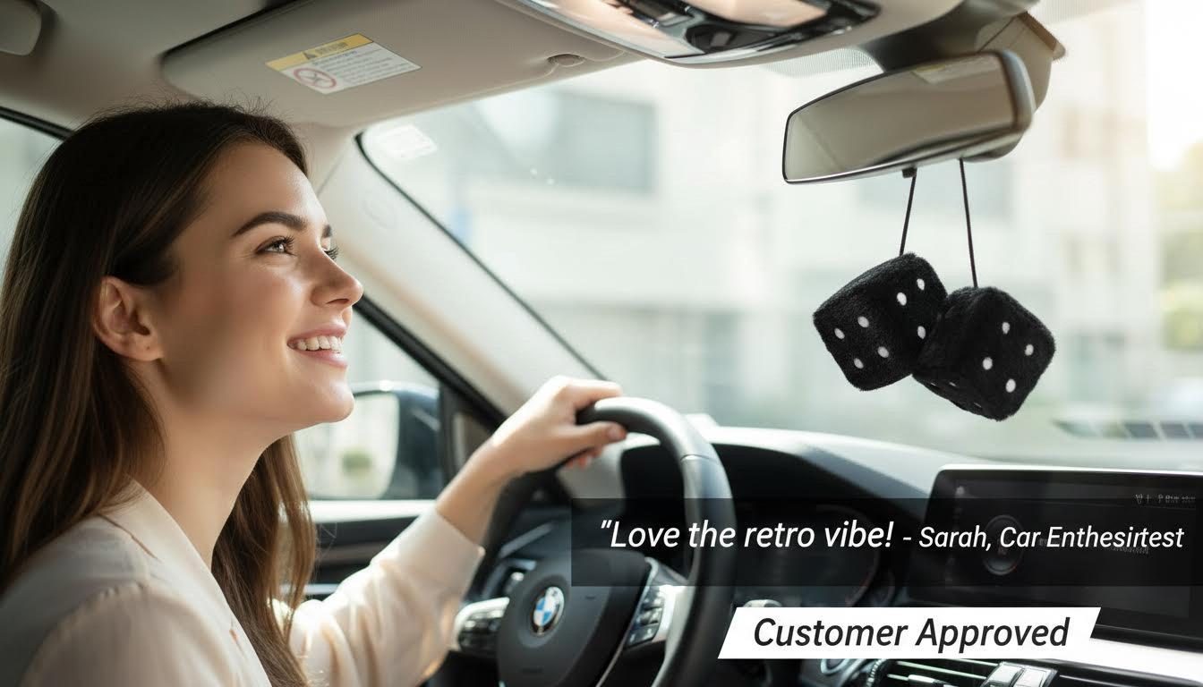 Fuzzy Dice for Car Rear View Mirror 2.76in Black Plush Dice Pair Retro Car Interior Decor Accessories with Suction Cup & Nylon String Ultra Soft Furry Fabric Durable Secure Perfect Size