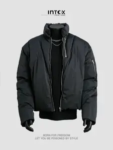 Simple neutral function wind double zipper stand-up collar cotton-padded coat Y2K Spice Girl loose warm jacket, double zipper + minimalist black design + thick filling + windproof fabric, both warmth and comfort, can be worn for commuting in autumn and wi