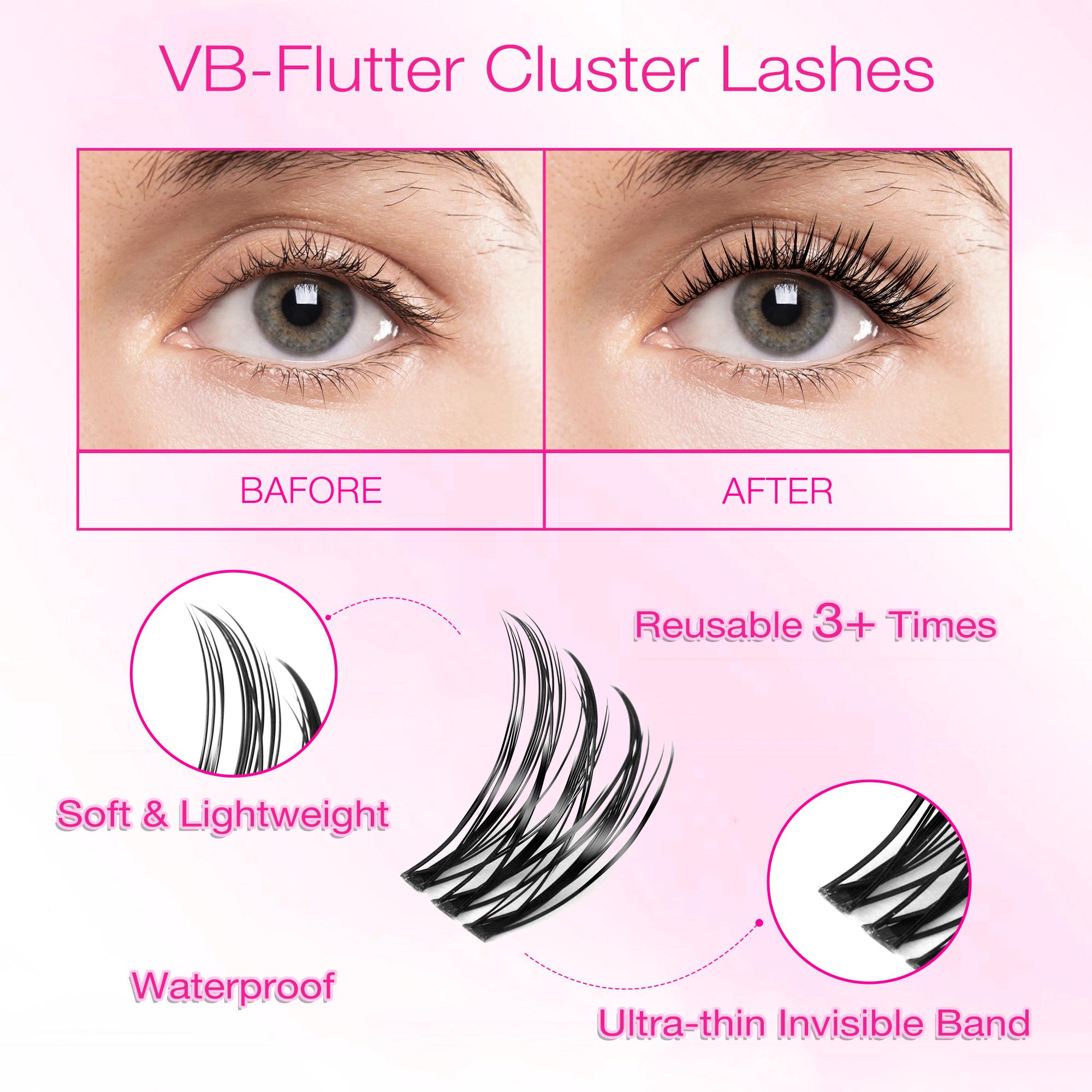 VEYESBEAUTY VB-Flutter Cluster Lashes 100% Handcrafted Ultra-thin Extremely Fine Invisible Band False Eyelash Wispy Faux Mink Lash Mixed Length DIY Eyelash Extension for Self Makeup Cosmetic Application at Home