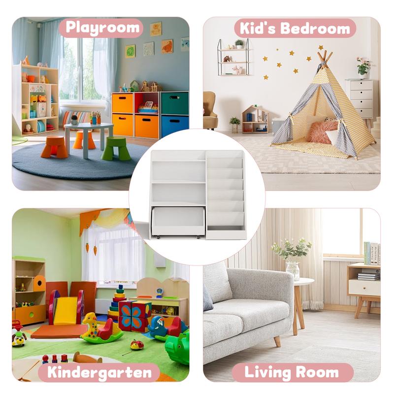 4-Tier Rolling Toy Storage Cabinet for Kids, 5 Layer Sling Toddler kids furniture,Baby Furniture Book Rack,Book and Toy Organizer Cabinet  with Wheels , White.