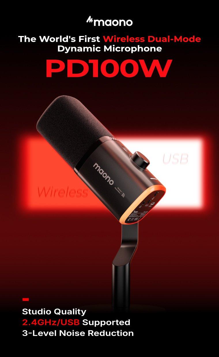 Maono PD100W Wireless & USB gaming microphone for podcast recording, meeting, dynamic RGB mic with quick mute, headphone jack, gain knob, volume control, desktop mic for PC Gamer. widely compatible with PCs, smartphones, laptops, PS4, and PS5.