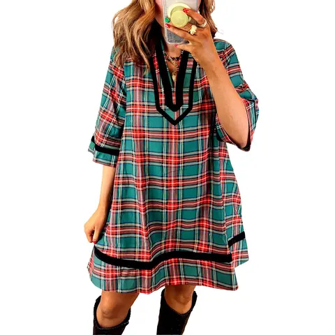 Mntaor Women's Green Red Tartan Plaid Shift Dress - Velvet Trim V-Neck Short Tunic Dress with Pockets, Ideal for Christmas Parties, Holiday Gatherings