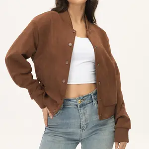 Women's Faux Suede Bomber Jacket, Cropped Button Down Casual Coats, 2026 Spring Fashion Short Varsity Jackets chic biker outerwear S-XL Coffee Black Beige