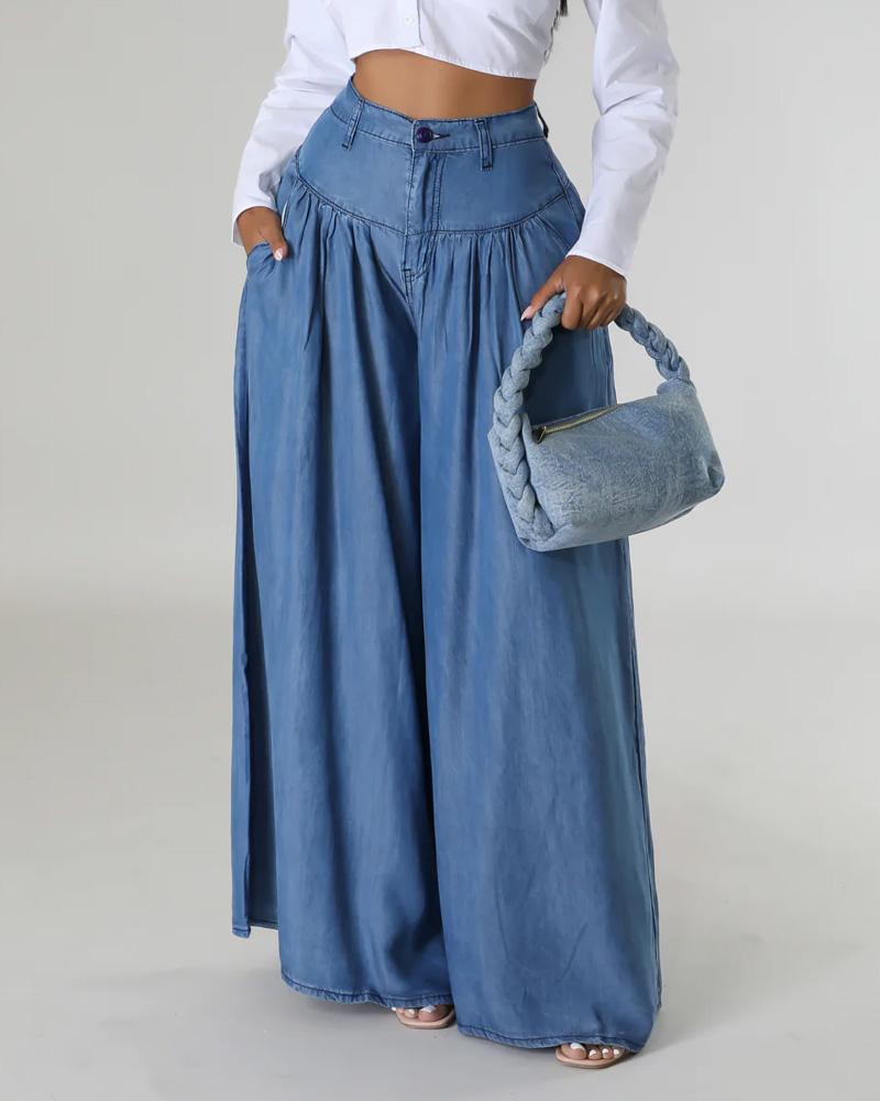 M MYODRESS Solid Color High Waist Wide Leg Denim Women Pants Casual Floor Loose Trousers Long Wide Leg Flared Pants with Side Pockets for Casual Chic Trousers and Everyday Wear