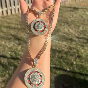 Gold Plated 14k Spinning CZ Casino Roulette Lucky Pendant & Concave /Rope Chain Necklace Jewelry