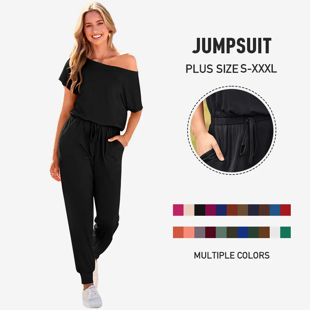 PRETTYGARDEN Women's Jumpsuit Plus Size S-XXXL Off-Shoulder Elastic Waist Stretchy Loose Minimalist Comfy Clothes Casual Outdoor Lightweight Romper - Fabric - Womenswear Pants Style romper#Summervibes