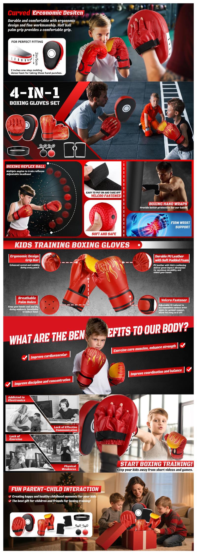 Boxing gloves, 4-in-1 Boxing Gloves and Punching Mitts Set for Boys & Girls, Kids Boxing Gloves Focus Pads with Hand Wraps, Boxing Reflex Ball, Boxing Equipment Set for MMA Karate Muay Thai, Boxing gloves for kids, Kids boxing gloves, Boxing gear