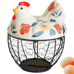 Farmhouse Chicken Egg Holder Basket | Countertop Egg Storage Organizer for 20–25 Eggs | Decorative Wire Basket with Ceramic Chicken Lid & Handle | Cute Kitchen Counter Display | Practical Housewarming Gift for Home Lovers