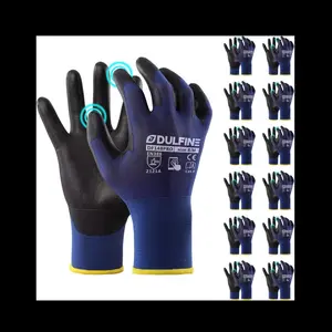 12 pairs. Ultra-thin 18-gauge Nylon Gloves with PU Coating, Breathable and Touchscreen-compatible Safety Gloves for Gardening and General Use