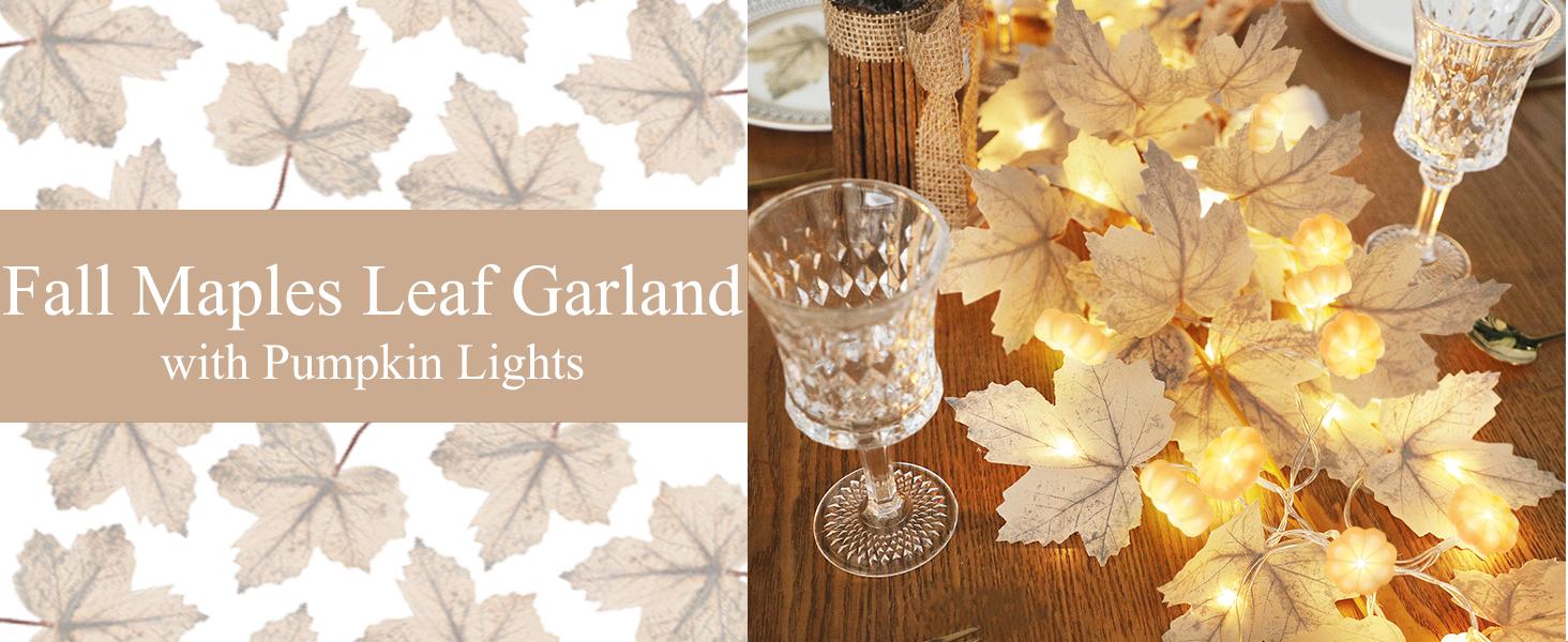 2 Pack Fall Maple Leaves Garland with Lights Fall Decor, 3D Pumpkin Lights & 40 LEDs, Total 14.4Ft Maples Leaf Garland Fall Lights Thanksgiving Decorations for Home Indoor Outdoor Mantle Fireplace Porch Table Decor