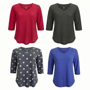 Urban Diction Women's 4-Pack of 3/4 Sleeves with Bottom Curved Hem - Solid Colors & Comfortable Fit for All Seasons