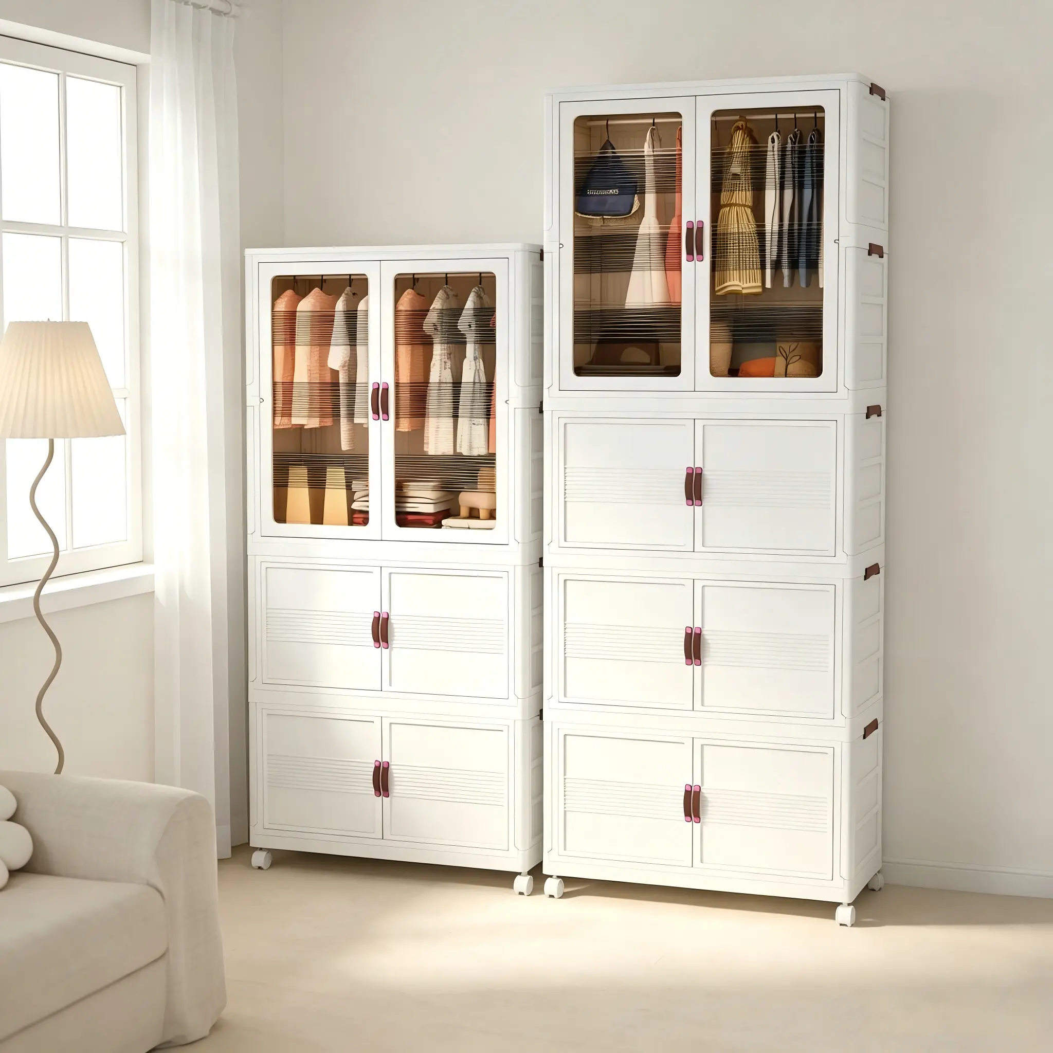 Classical PVC Portable Wardrobe Closet - Eco-Friendly Foldable Plastic Cabinet, Adjustable Stackable Closet Storage Cabinet with Magnetic Doors, Lockable Wheels, Lid for Bedroom, Office Storage