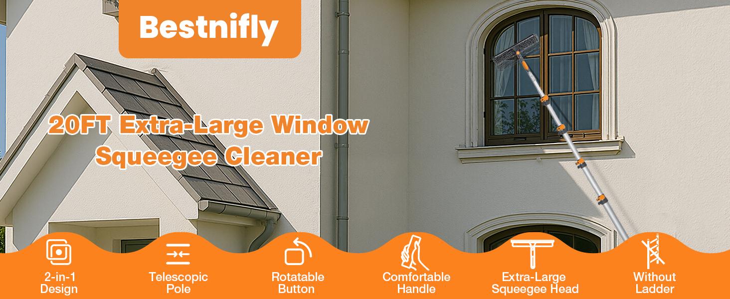 Adjustable Window Squeegee with 5-20ft Telescopic Pole 14" Oversized Head 2-in-1 Cleaning Kit for High Windows Glass RV Orange