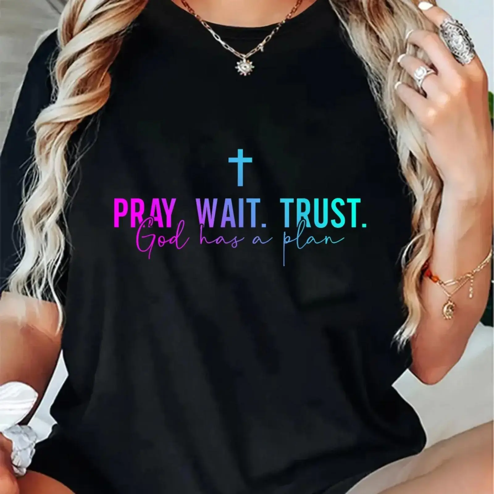 Women's 100% Cotton Casual Round Neck Short-Sleeve Streetwear Top, "Pray Wait Trust God Has A Plan" Print, Soft Sports & Outdoor Topboutique tees,printed tee,Casual Street tee