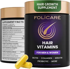 FOLICARE Biotin Hair Growth Supplement, Collagen Keratin Probiotics Formula for Thicker Stronger Hair and Healthy Skin Nails, Haircare Vitamins for Men and Women, 60 Count