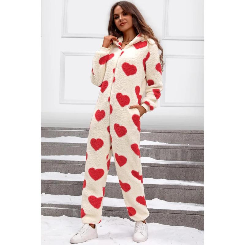 Fuzzy Heart Zip Up Hooded Lounge Jumpsuit