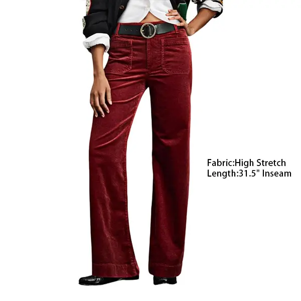 Flamingals Corduroy Patched Pocket Mid Waist Straight Leg Pants Womenswear