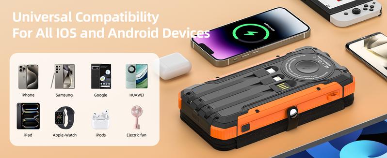 20000mAh Solar power bank PD 15W Fast Solar Charger with Foldable Panels 4 Foldable Panels 15W Wireless Built-in Cables USB-C In/Out Camping Hurricane Emergency Smart iPhone 17 Compatible Chargeable Power Bank