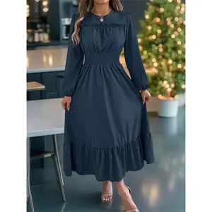 Women's Plain Shirred Ruffle Trim A Line Dress, Elegant Bishop Sleeve Round Neck Long Dress for Party Holiday Wedding Guest, Ladies Fall & Winter Clothes（gift）