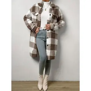 Women's Fall Winter Plaid Coat, Loose-Fit Long Jacket with Single Button Front, Modern Style Fleece Lined Outerwear