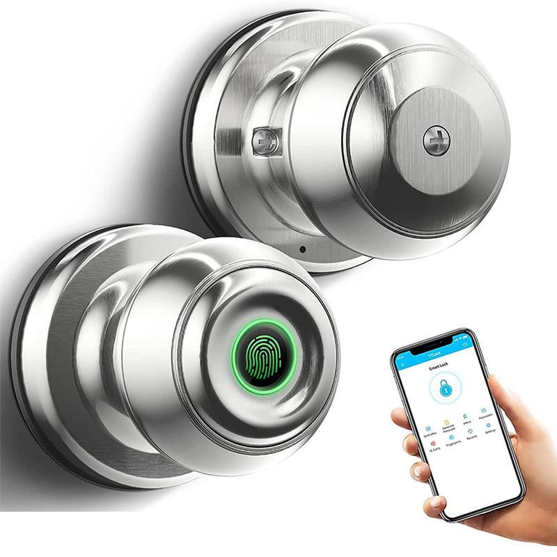 Fingerprint Door Lock, Smart Fingerprint Door Knob with Lock, Biometric Door Locks with App Control & Key, Keyless Thumbprint Entry Door Locks for Bedroom, Front Door, Home, Apartment-Silver