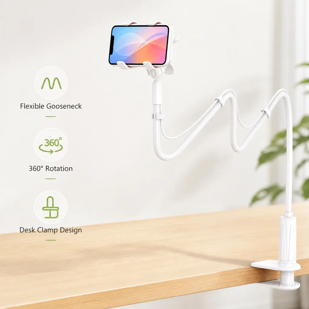 1 Piece Mobile Phone Stand, 360 Degree Rotatable Clamp Head Flexible Gooseneck for Bed Sofa Desktop Home Daily Use