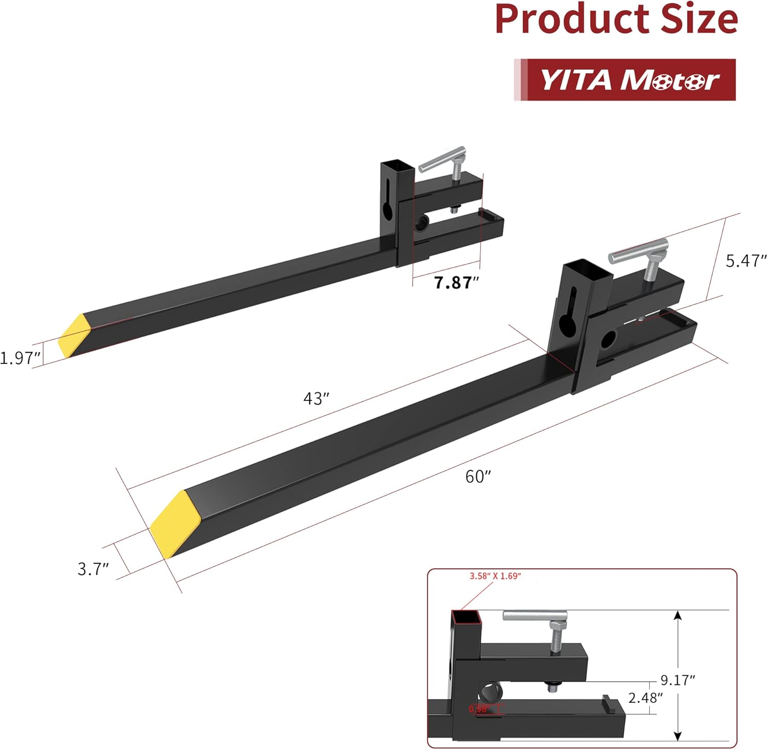 YITAMOTOR 60 Inch Clamp on Pallet Forks, 4000lbs Capacity Heavy Duty Quick Attach Pallet Fork for Bucket Tractor Loader Skid Steer YITAMOTOR 60 Inch Clamp on Pallet Forks, 4000lbs Capacity Heavy Duty Quick Attach Pallet Fork for Bucket Tractor Loader Skid Steer