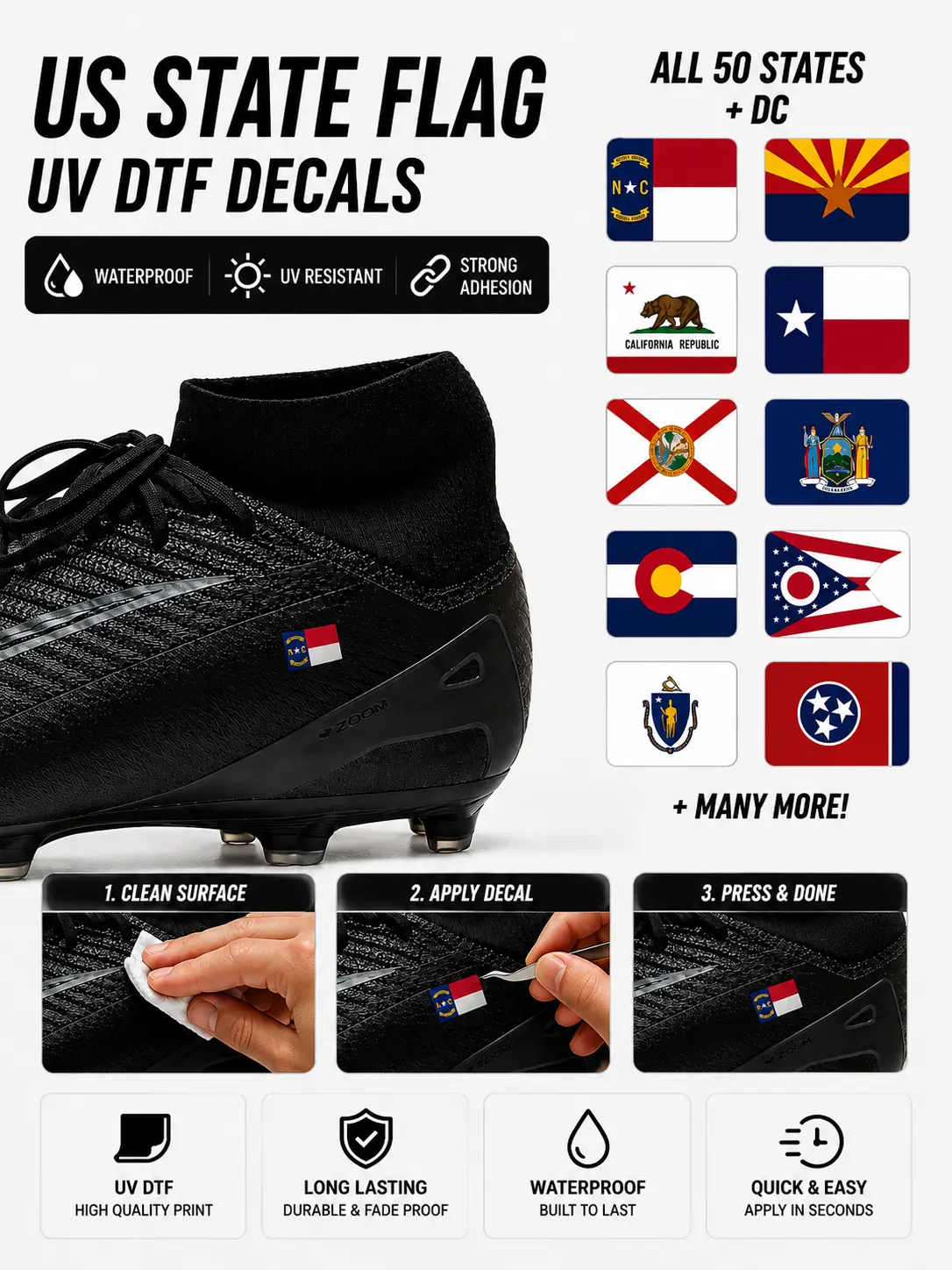 US State Flag Decals for Cleats & Sports Helmets - UV DTF Stickers, Waterproof, Strong Adhesion (Set of 2)