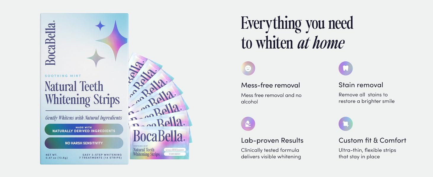Boca Bella Natural Teeth Whitening Strips - 7 Treatments Per Box, Peroxide-Free, Enamel-Friendly, Mild Mint Flavor, Suitable for Daily Use