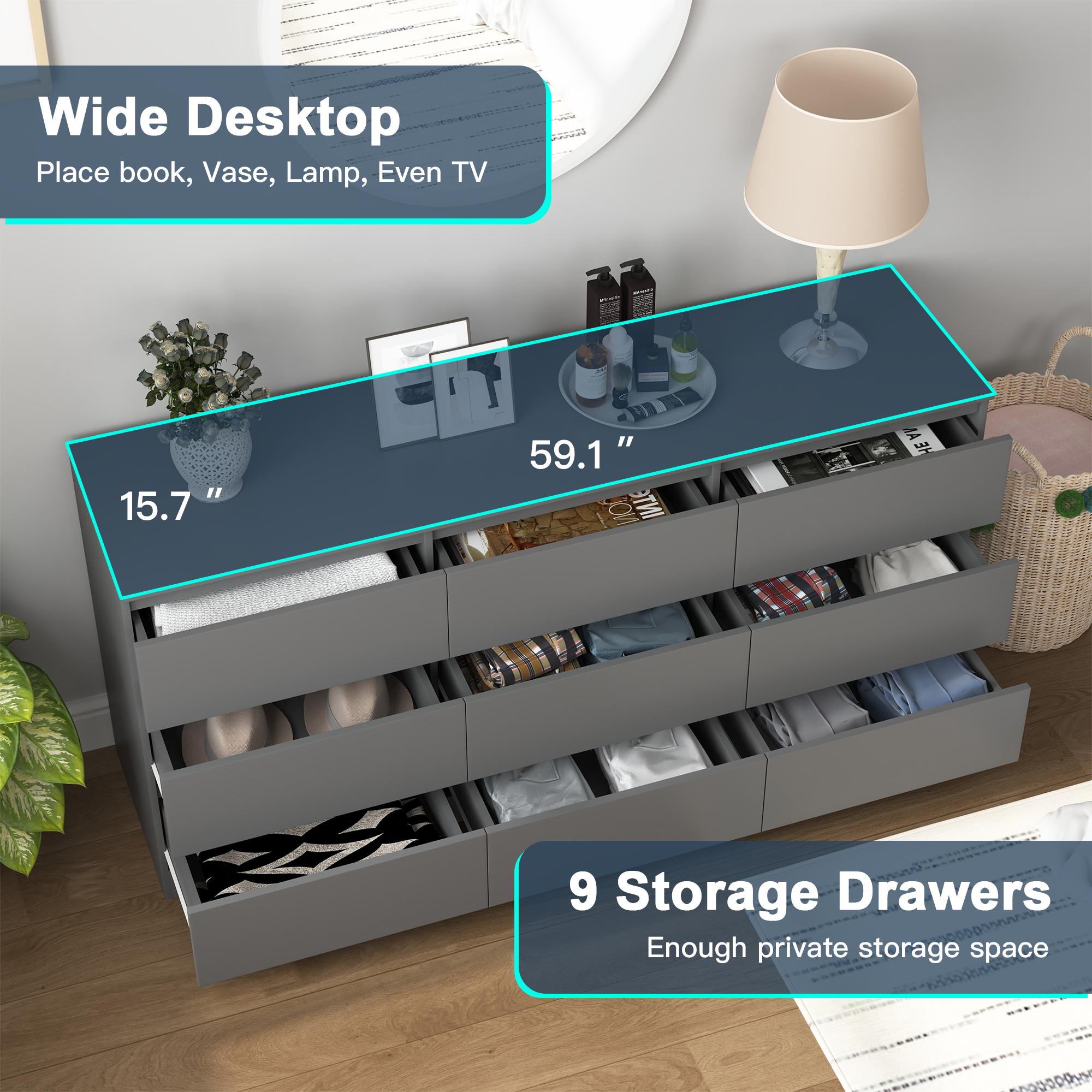 Spaco  Modern 9 Drawer Dresser with Deep Drawer,Storage Wide Chest of Drawer,Wood Bedroom Dresser with Handle-Less Design,TV Dresser for Living Room