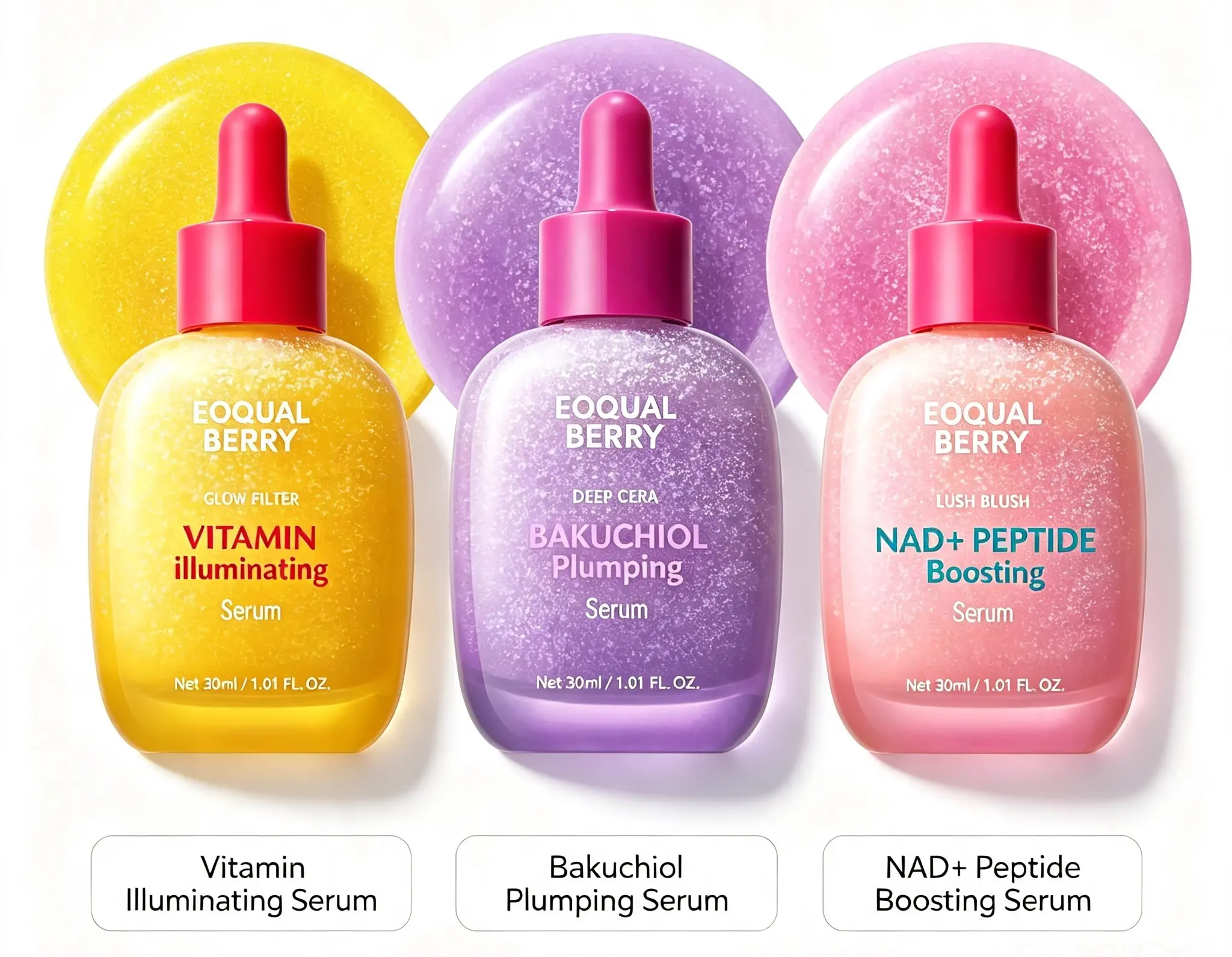 EQQUALBERRY 3-Piece Facial Serum Set, Vitamin Illuminating Serum, Bakuchiol Plumping Serum & NAD+ Peptide Boosting Serum, Korean Vegan Skincare Serum Collection, 30ml Each