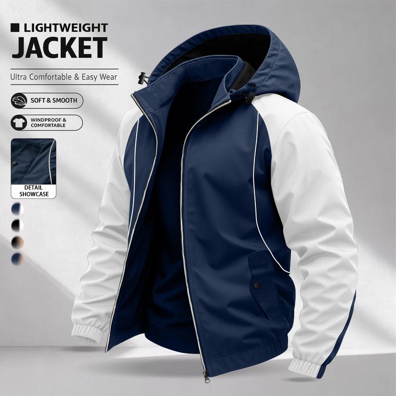 Men’s Color-Block Hooded Jacket — Y2K street windbreaker with zipper, suitable for skateboarding and casual looks; ideal for street commuting; retro sports color-block windbreaker.