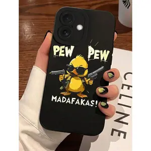 1pc Funny Duck Holding Gun Precise Hawk Eye Camera Protective Black TPU Soft Phone Case Compatible With Iphone 16 Pro Max, 15, 14, 13, 12, 11 Pro Max Plus Mini 16E, XR/X/XS Max And Other Models, Suitable As Gift For Friends Protection Cellphone