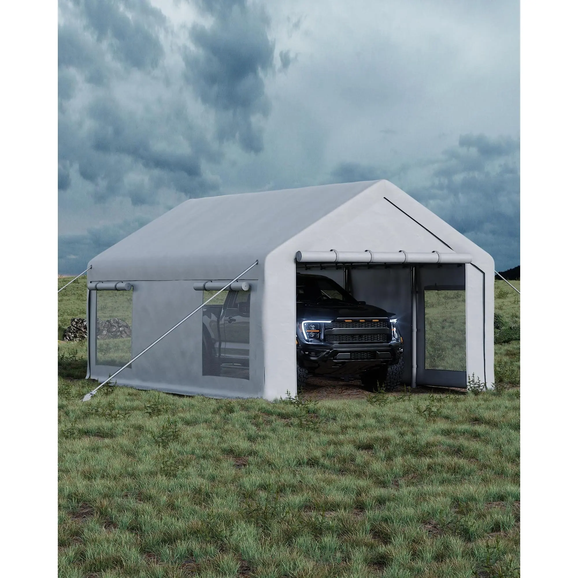 Gaomon Metal Portable Garage Cover, 10x20 ft (200 sq ft) Sturdy Galvanized Steel Frame, 200g Polyethylene Tarp Canopy, Quick Set Up Easy Assembly Required, 2 Roll-Up Doors, 4 Windows for Tractors Temporary Storage