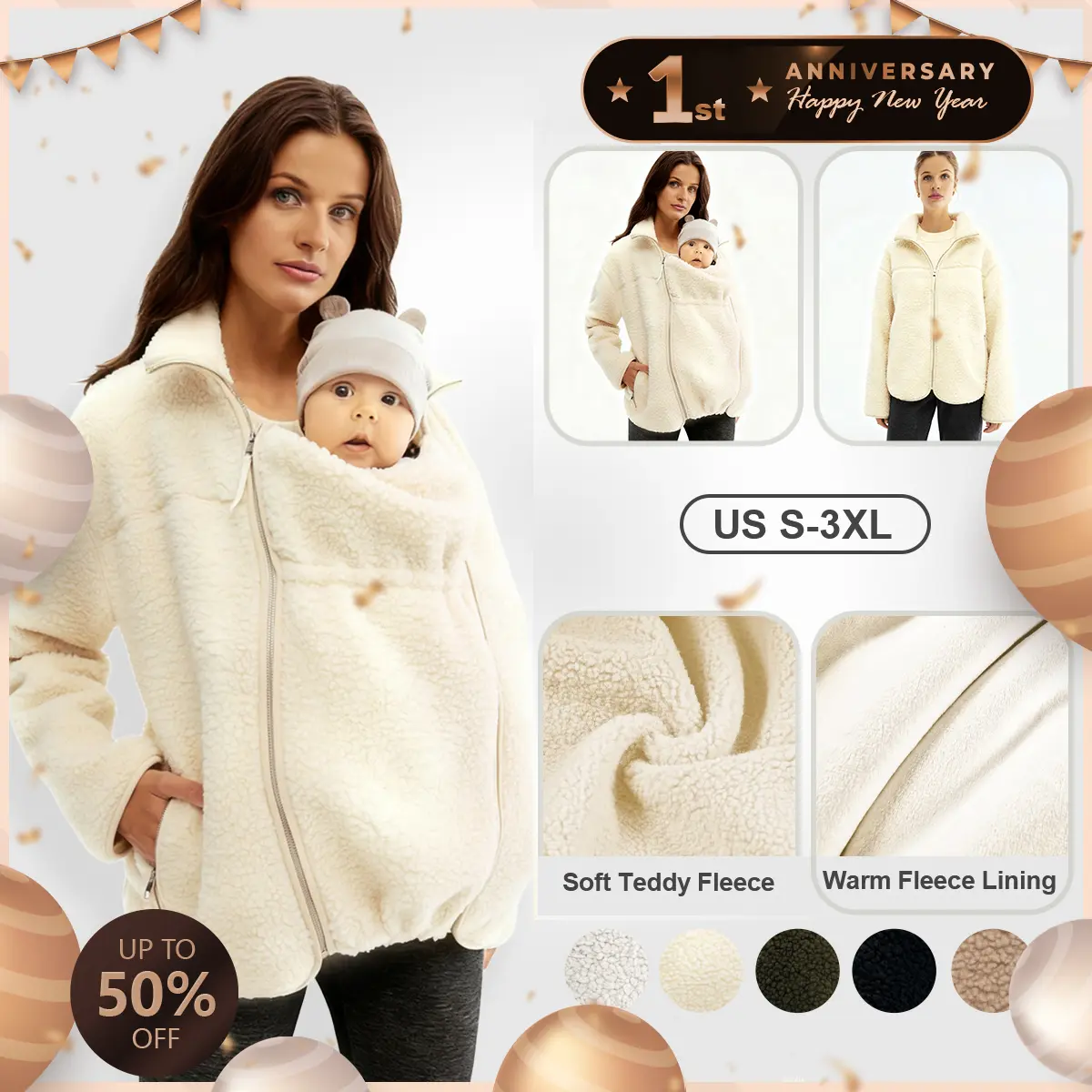 Pwest MAMA Women's 2-in-1 Casual Outerwear Coat, Soft Teddy Fleece Long-Sleeve Zippered Tops with Pocket, Detachable Babywearing Panel for Pre-Post Baby Use, Winter Warmth - Cream - BlackFriday,back to school,back to school haul