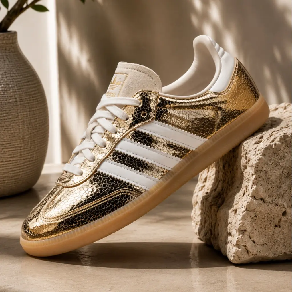 Adidas Samba OG Gold Metallic Cracked Leather KI5719 Womens Fashion Sneakers New