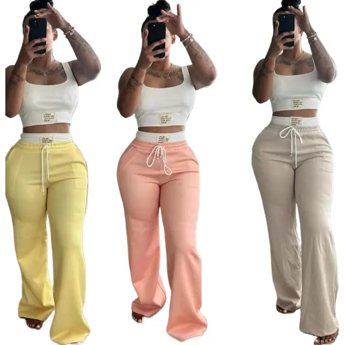 New Drop! European -  Style Cross - border Trendy Color - Blocked Double - Waistband Layered Loose Street - style Athletic Casual Trousers Two - Piece Set for Women